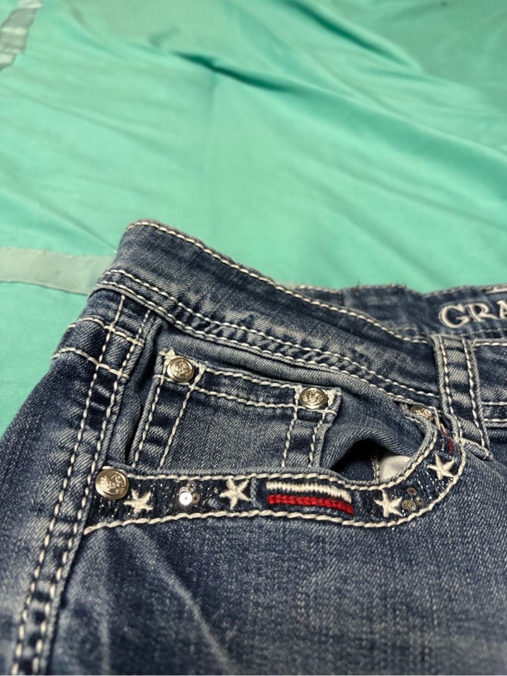 Grace Blue Jeans with Red & White Accent Embroidery